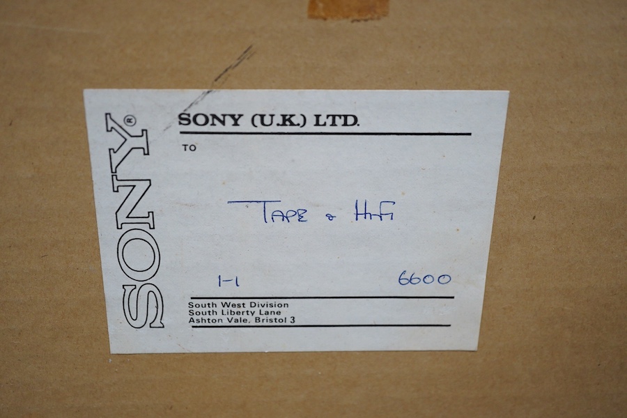 A Sony TC-377 reel to reel stereo tape deck with Sony DP-16 dust protector, both in original card boxes, together with a quantity of reels in their card boxes, plus a Lutraphone microphone on stand and a Sony stereo micr